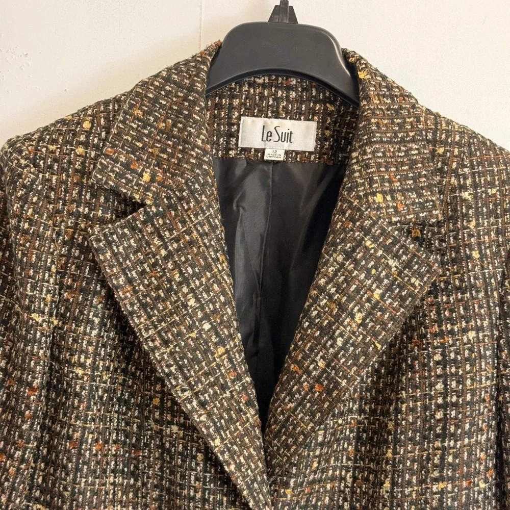 Le Suit Womens Brown Multi Tweed Skirt Suit Set Blazer Pencil Skirt Size 12